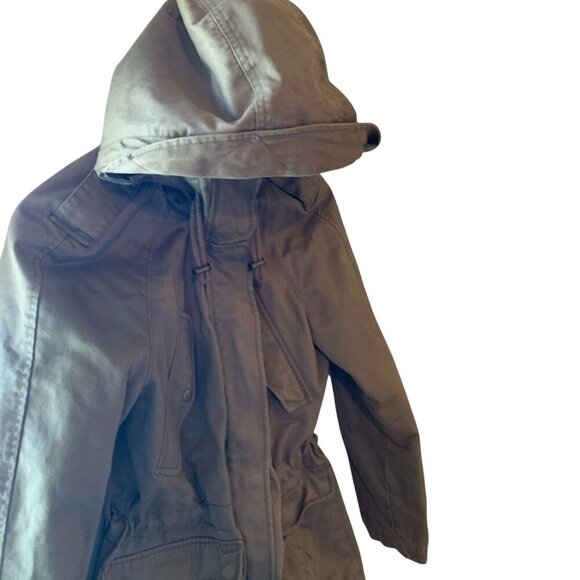 Olive Green Hooded Chore Barn Jacket LG Pockets Snaps 2 Zippers Draw String S-M - Picture 14 of 16